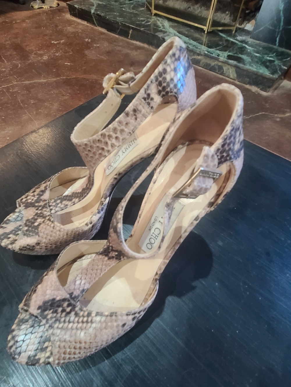 Jimmy Choo Beige and Brown Snakeskin Pointed-Toe Heels